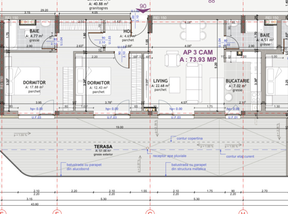 Apartament de 3 camere, 74 mp, 56 mp terasa cu view, zona exclusivista Centrala