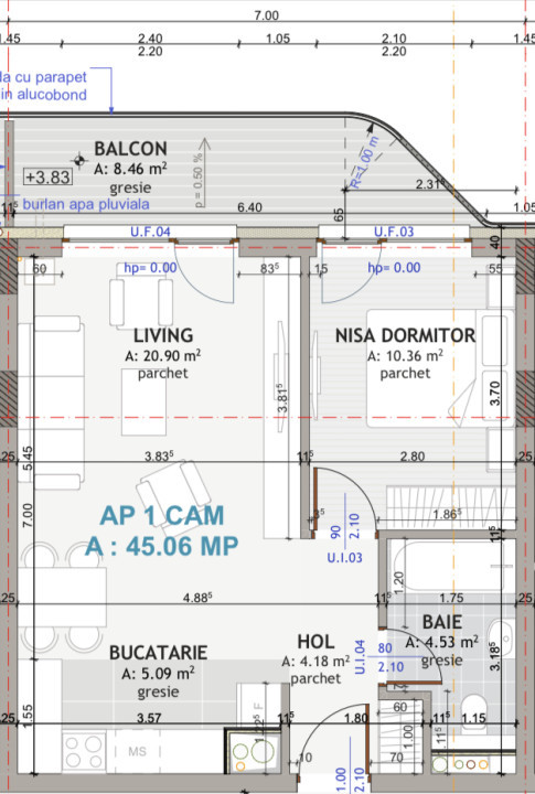 Apartament de 2 camere, 45,06 mp, etaj intermediar, zona exclusivista Centrala