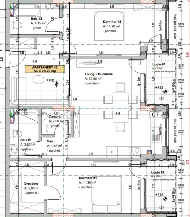 Apartament de 3 camere, semifinisat, 78,25 mp, semidecomandat, zona Vivo.