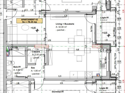 Apartament de 3 camere, semifinisat, 78,25 mp, semidecomandat, zona Vivo.