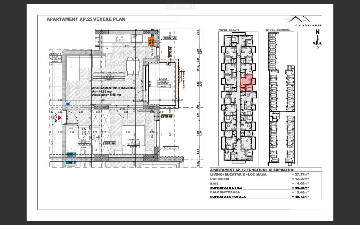 Apartament 2 camere, 44,25 mp, etaj intermediar, zona Cetății 