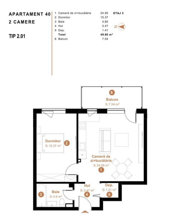 Apartament cu 2 camere la etajul 3