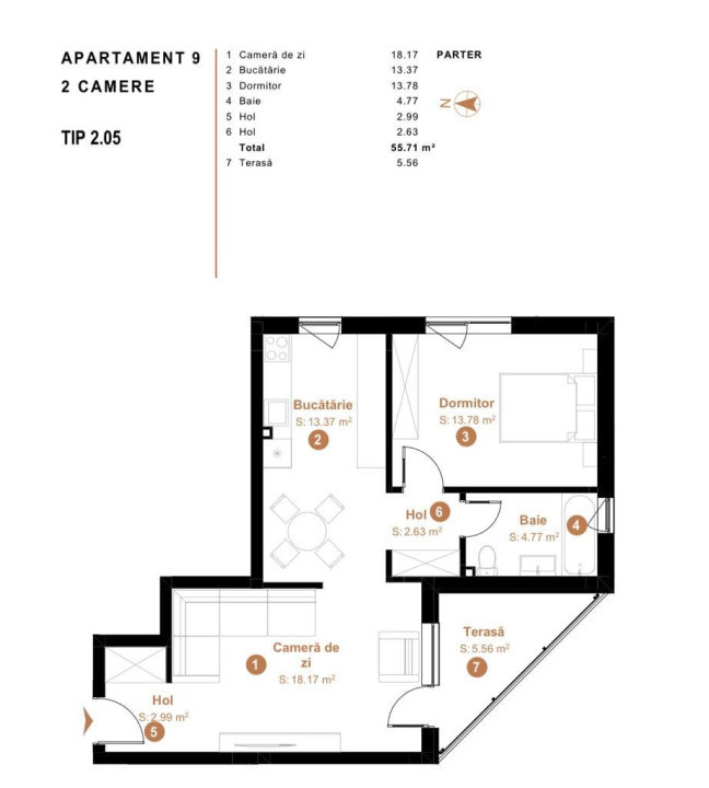 Apartament cu 2 camere la parter inalt