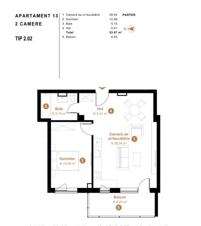 Apartament cu 2 camere la parter inalt