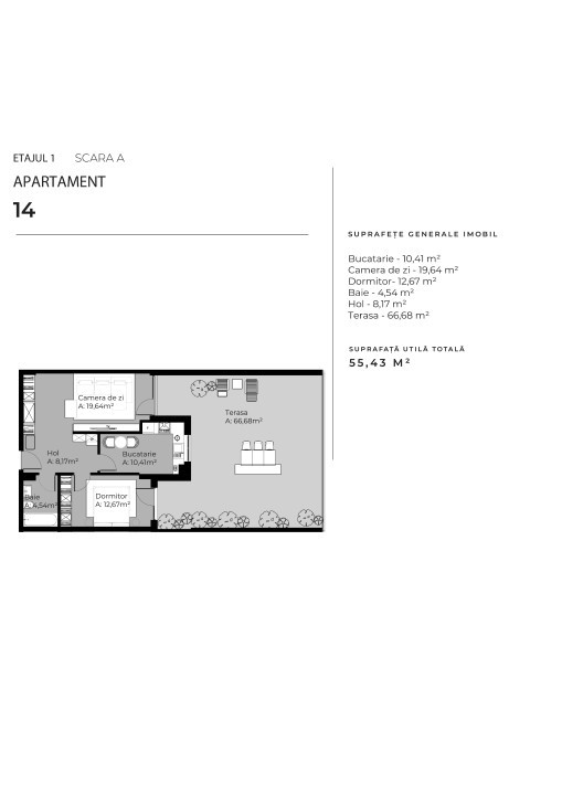 Apartamet cu 2 camere, 55 mp, terasa de 66 mp, zona Sopor 