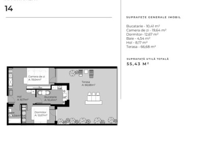 Apartamet cu 2 camere, 55 mp, terasa de 66 mp, zona Sopor 