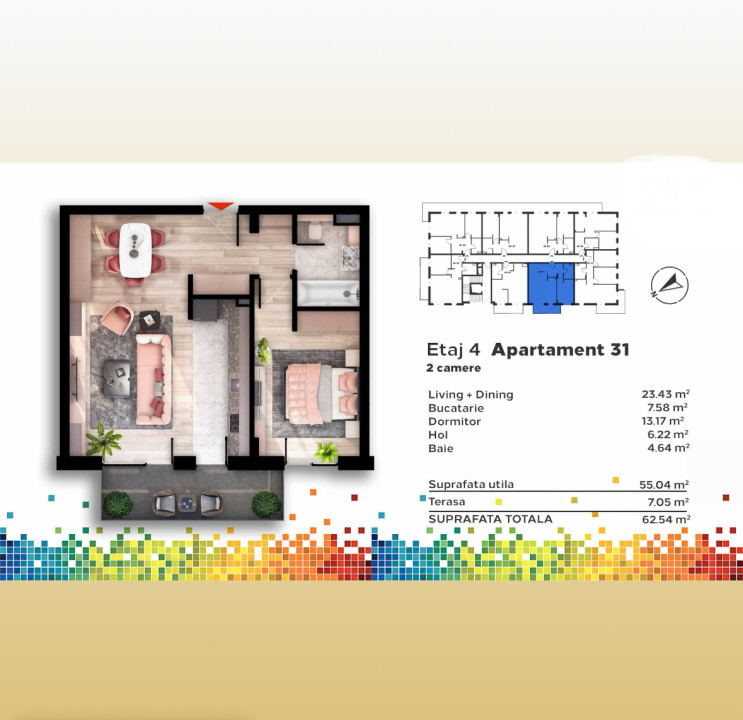 Apartament de 2 camere, 55 mp, terasa de 7 mp, Bulevardul Muncii