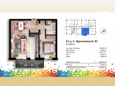 Apartament de 2 camere, 55 mp, terasa de 7 mp, Bulevardul Muncii