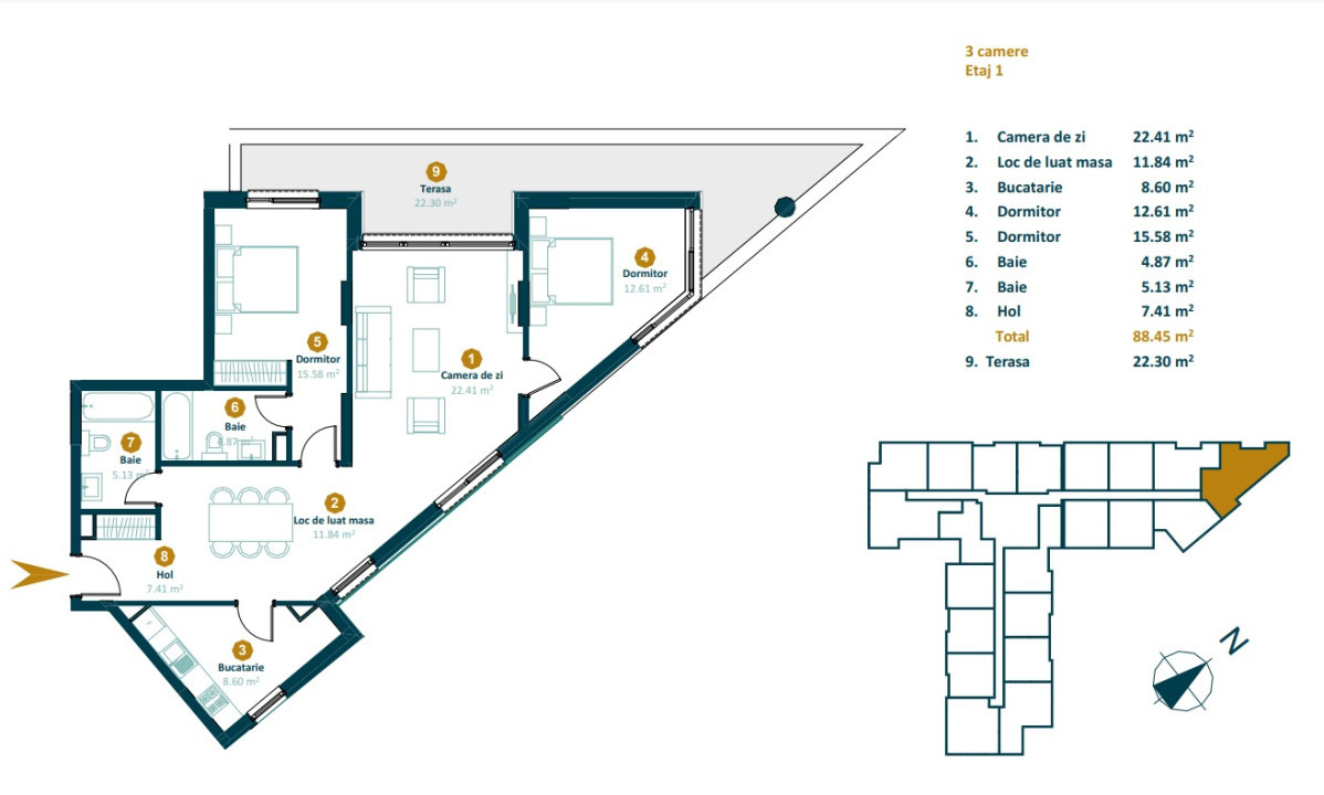 Apartament 3 camere 88 mp, terasa 22.30 mp, Intre lacuri