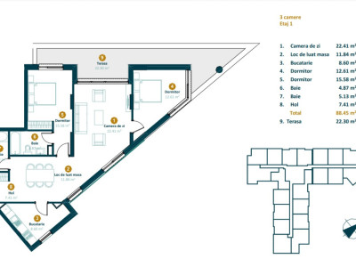 Apartament 3 camere 88 mp, terasa 22.30 mp, Intre lacuri