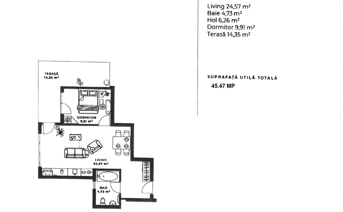 Apartament 2 camere 45 mp, terasa, Soporului