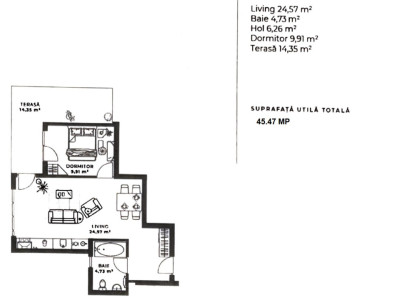 Apartament 2 camere 45 mp, terasa, Soporului