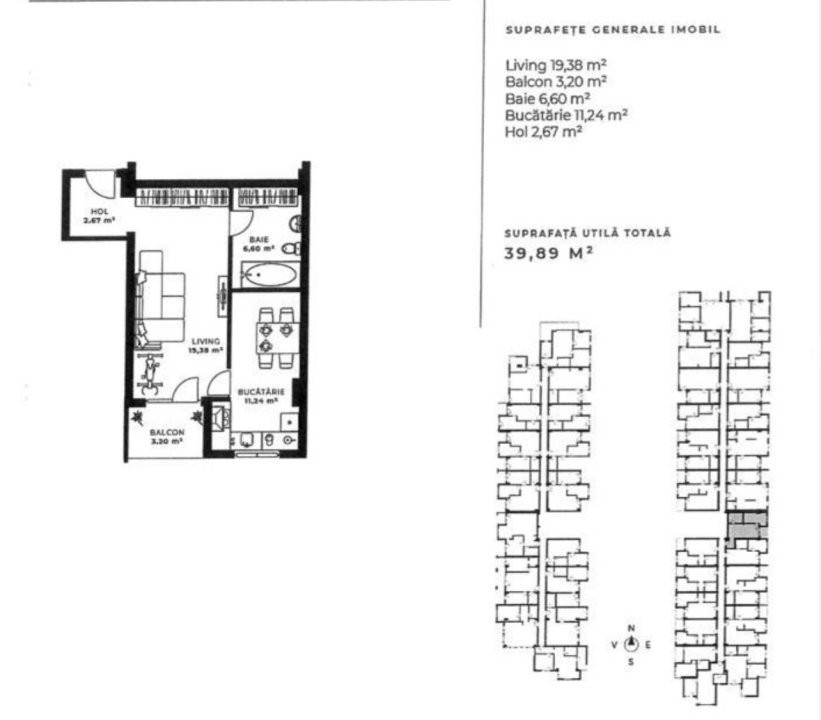 Apartament de 2 camere, 39,89 mp, zona Soporului