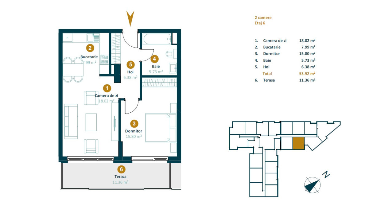 Apartament 2 camere 53 mp , terasa, Intre Lacuri