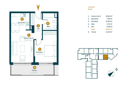 Apartament 2 camere 53 mp , terasa, Intre Lacuri