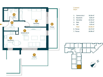 Apartament 2 camere 54 mp, terasa, Intre Lacuri