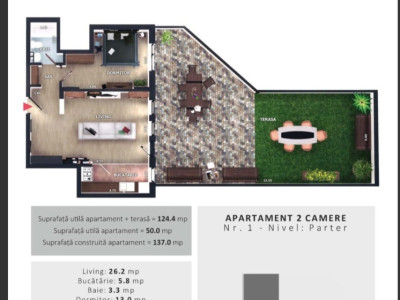 Apartament 2 camere 50 mp si terasa de 74mp, zona Vivo