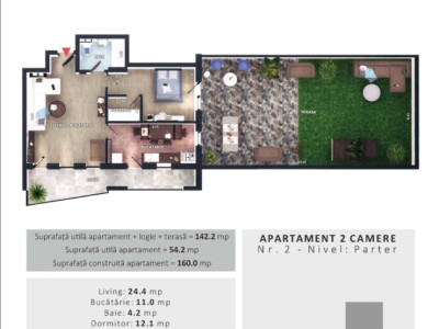 Apartament cu 2 camere 54,2 mp si terasa de 75mp, zona Vivo