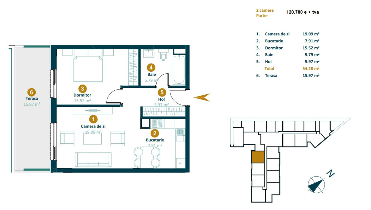 Apartament de 2 camere, 54 mp utili, terasa, Intre Lacuri