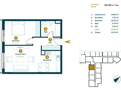 Apartament de 2 camere, 54 mp utili, terasa, Intre Lacuri