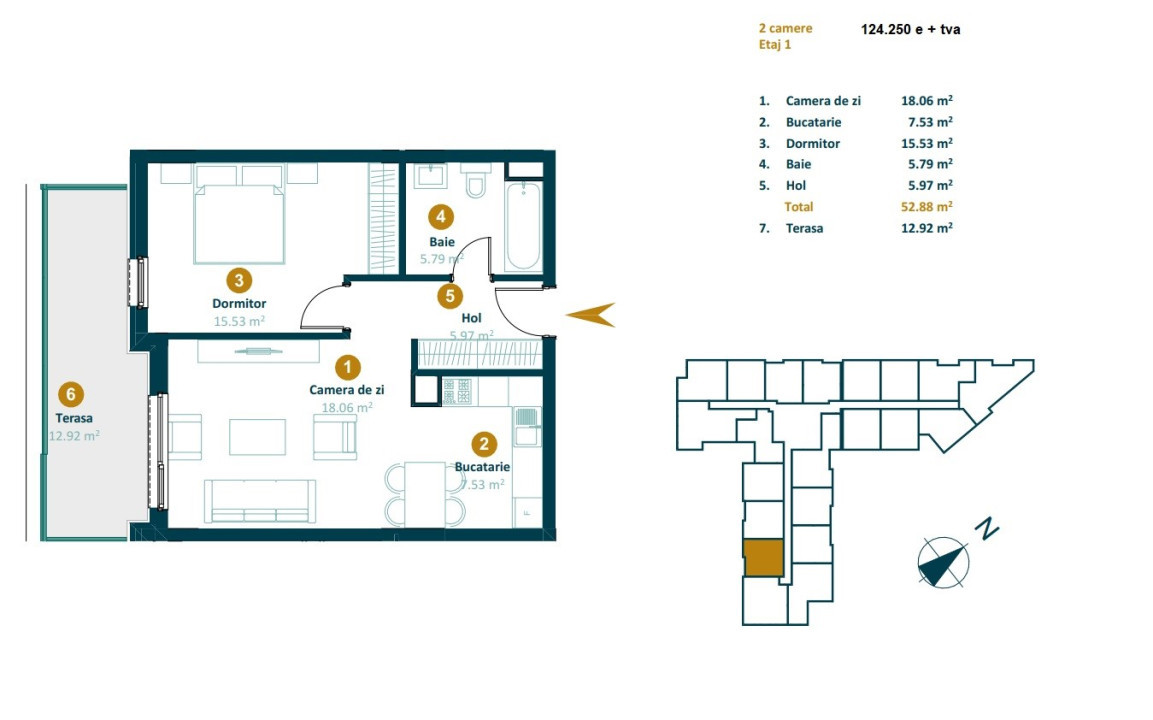 Apartament de 2 camere, 52 mp utili, terasa , Intre Lacuri