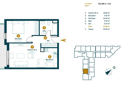 Apartament de 2 camere, 52 mp utili, terasa , Intre Lacuri