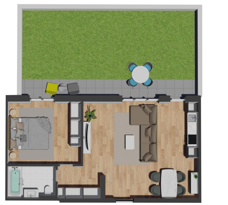 Apartament de 2 camere semifinisat, 57,45 mp, curte 49,97 mp, zona VIVO