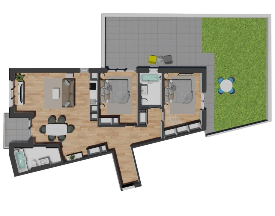 Apartament de 3 camere semifinisat, 88,45 mp, terasa 31,60 mp, zona Vivo