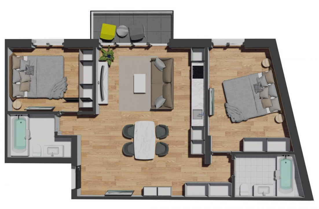 Apartament de 3 camere semifinisat, 68,37 mp, balcon 4,20 mp, zona VIVO