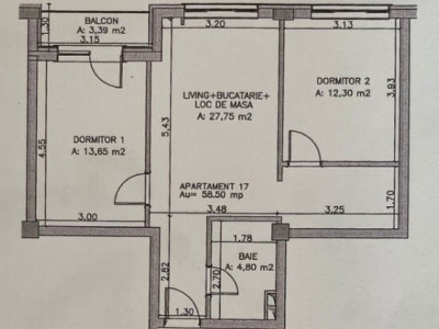 Apartament de 3 camere semifinisat, 58,5 MP, etaj intermediar, zona Vivo