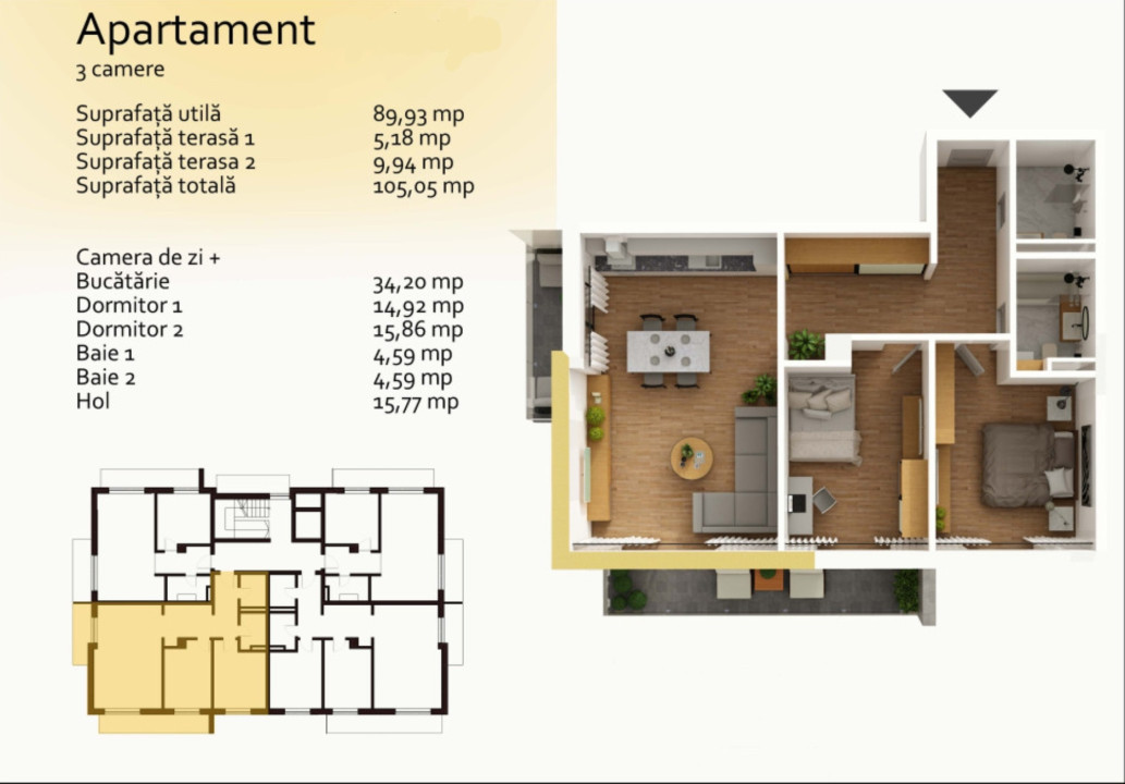 Apartament de 3 camere, 87,52mp utili, bloc nou, Buna Ziua