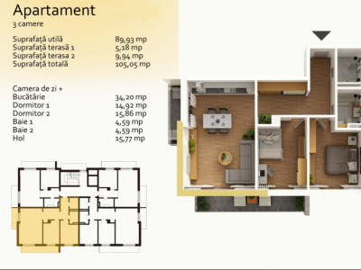 Apartament de 3 camere, 87,52mp utili, bloc nou, Buna Ziua