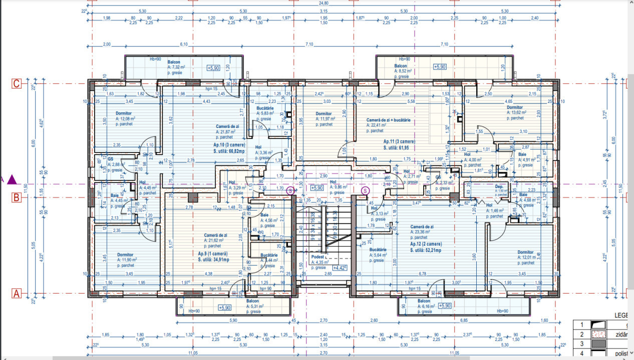 Apartament de 3 camere, ifinisat, 67mp, 8 mp balcon, strada Teilor