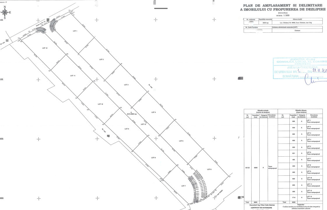 Teren de 8800 mp, 12 parcele cu CF si CU fiecare, Chinteni 