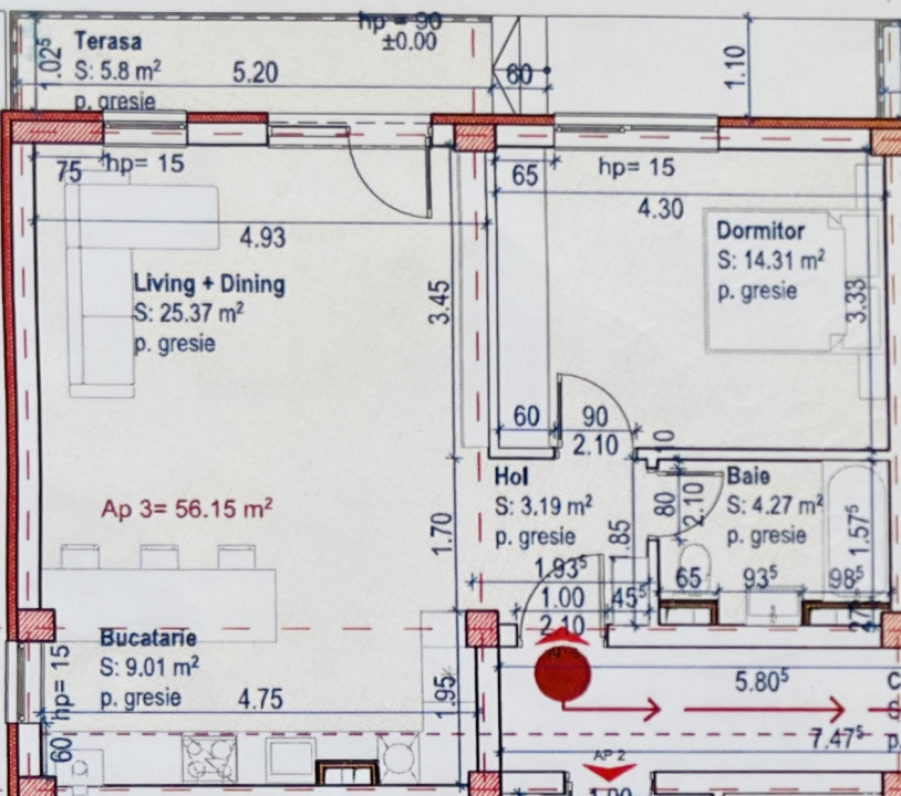 Apartament de 2 camere, 56 mp, finisat, balcon, parcare, Zona Eroilor