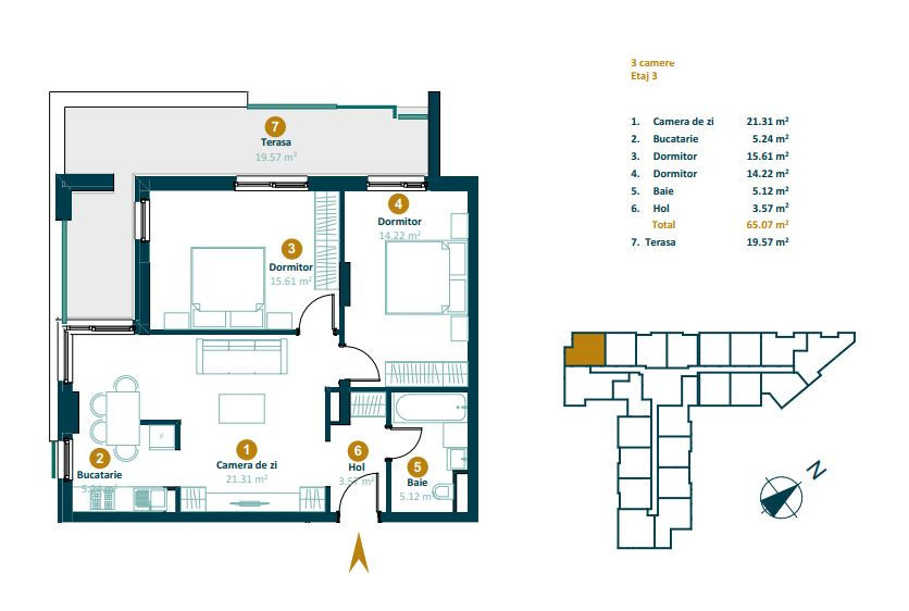 Apartament de 3 camere, 65 mp utili, terasa, Intre lacuri