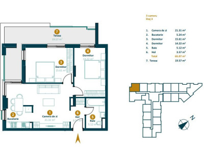 Apartament de 3 camere, 65 mp utili, terasa, Intre lacuri