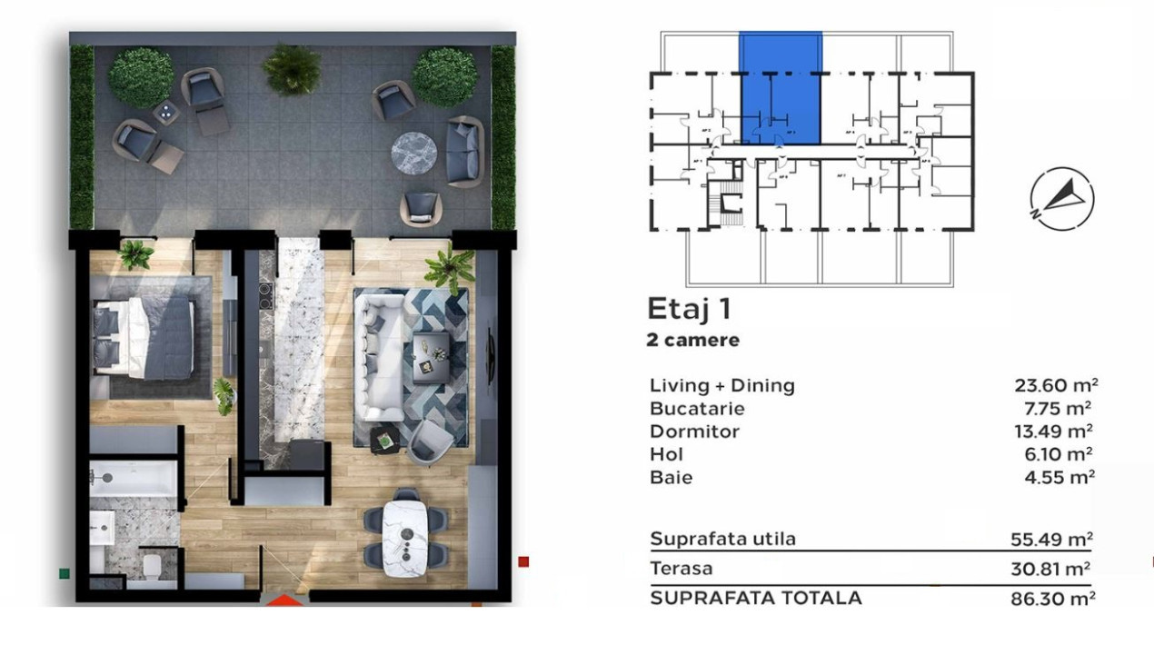 Apartament de 2 camere, 55 mp utili, terasa 30 mp