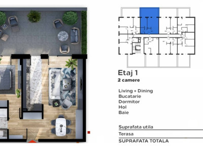 Apartament de 2 camere, 55 mp utili, terasa 30 mp