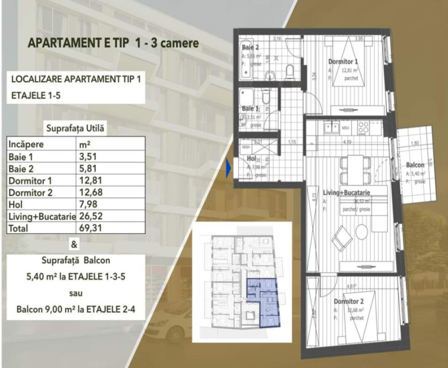 Apartament cu 3 camere, 69mp, etaj intermediar, Semicentral