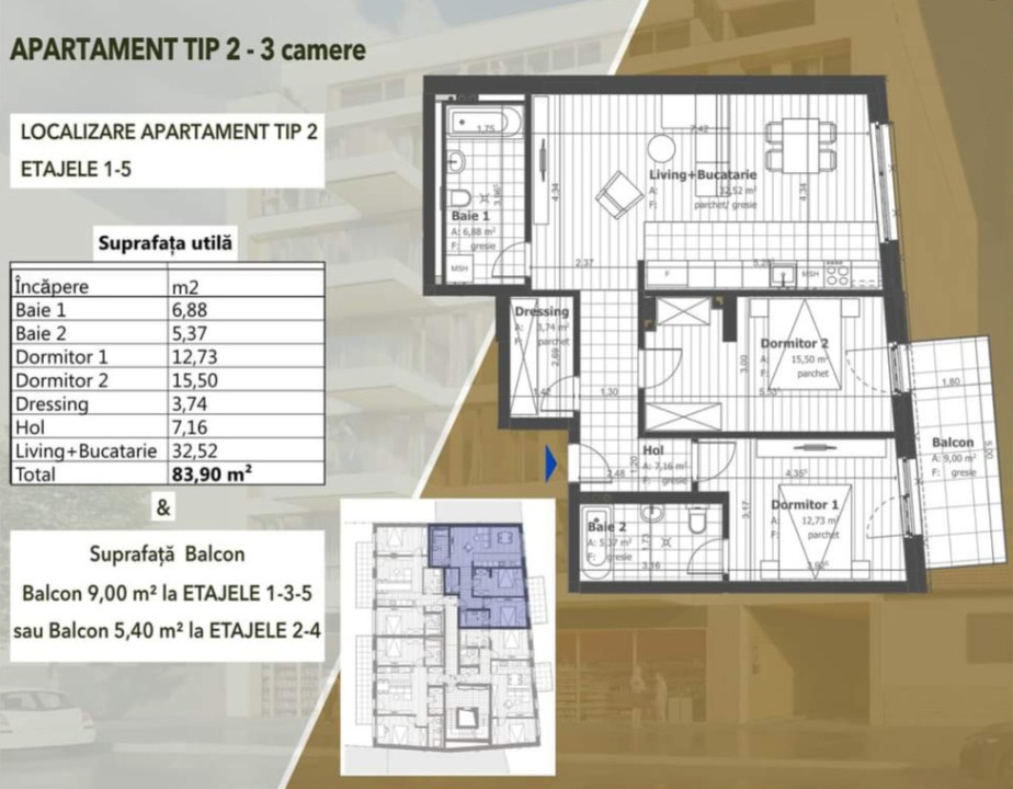 Apartament cu 3 camere, 84mp, etaj intermediar, Semicentral