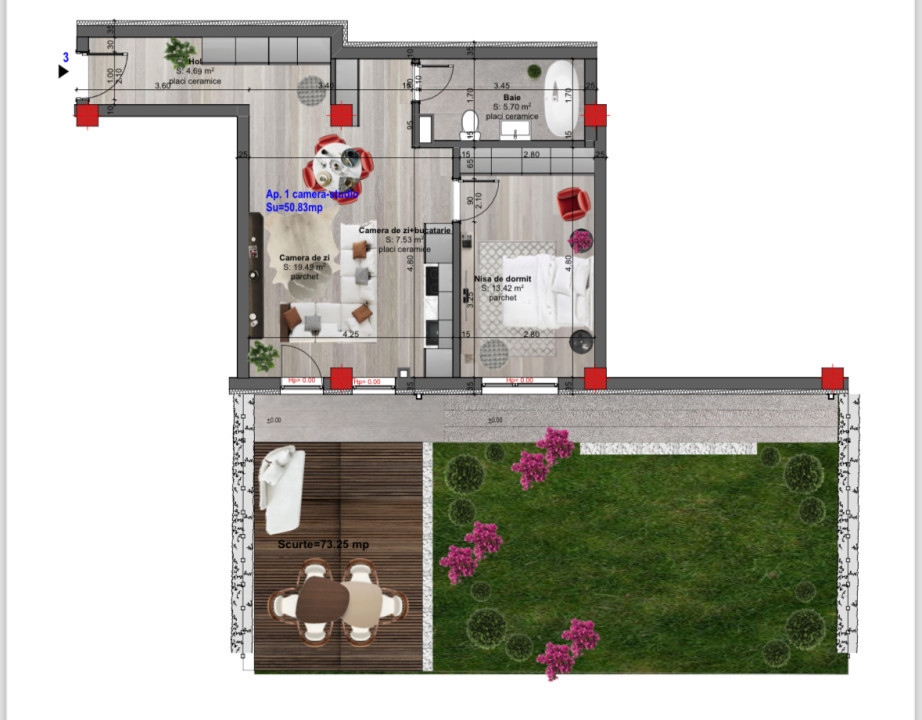 Apartament 2 camere, gradina 73mp, finisaje la alegere, parcare la parter, Terra