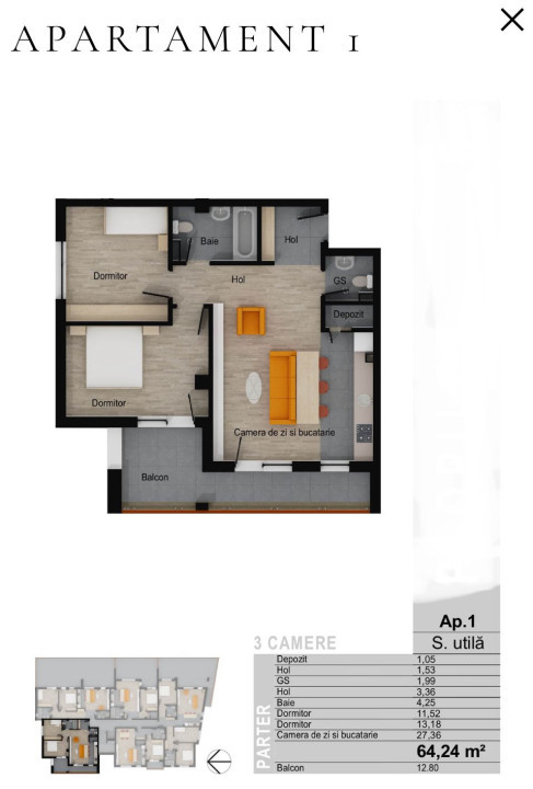 Apartament de 3 camere, 64,24 mp, terasa 12,80 mp, zona Muzeul Apei