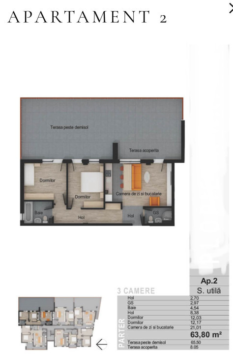 Apartament de 3 camere, 63,80 mp, terasa 68,55 mp, zona Muzeul Apei