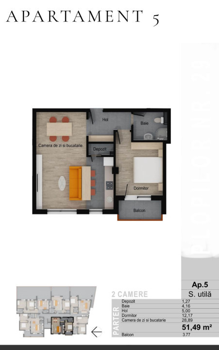 Apartament de 2 camere, 51,49 mp, balcon 3,77 mp, zona Muzeul Apei