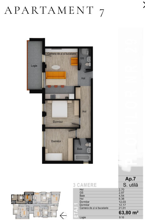 Apartament de 3 camere, 63,80 mp, balcon 9,16,  zona Muzeul Apei