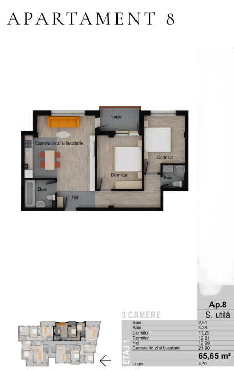 Apartament de 3 camere,65,65 mp, balcon 4,70mp, zona Muzeul Apei