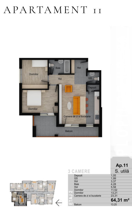 Apartament de 3 camere,64,31 mp, teasa 13,25 mp, zona Muzeul Apei