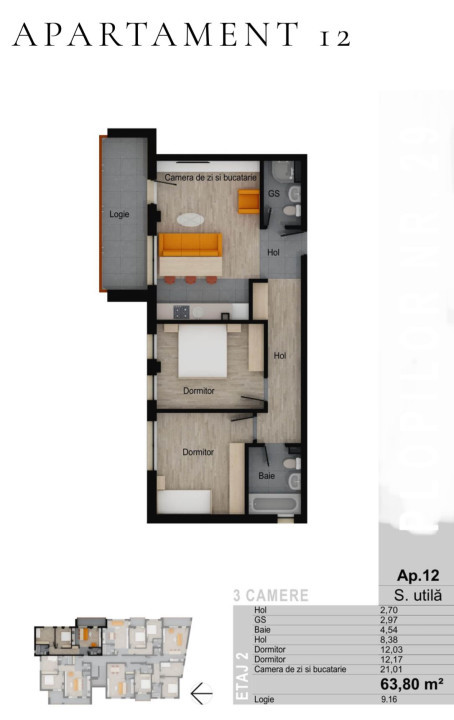 Apartament de 3 camere, 63,80 mp, balcon 9,16 mp, zona Muzeul Apei