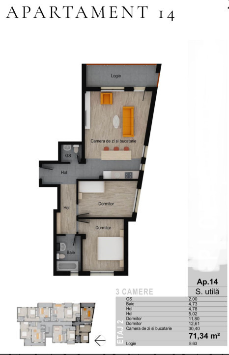 Apartament de 3 camere, 71,34 mp, balcon 8,63 mp, zona Muzeul Apei